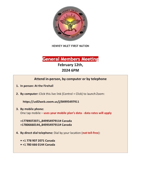 Henvery Inlet First Nation General Membership Meeting February 12th 2024 6PM