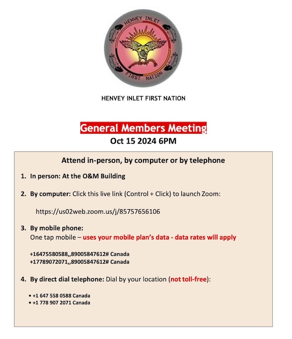 Notice Image for the Henvey Inlet First Nation General Members Meeting Oct 15, 2024 at 6 PM flyer.