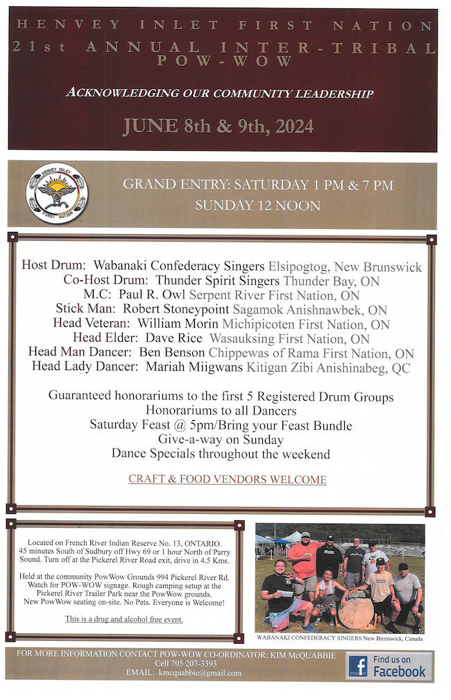 Henvey Inlet First Nation 21st Annual Inter-Tribal Pow-Wow Flyer June 8th & 9th, 2024