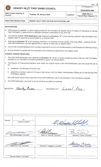 Henvey Inlet First Nation Ratification Law January 28 2025