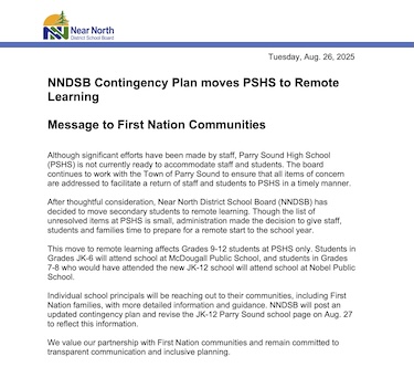 Click the image to download and read the Parry Sound High School Update August 26, 2025 PDF.