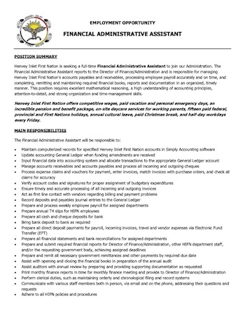 Henvey Inlet First Nation Financial Administrative Assistant Position FAA0125JAN2025