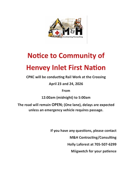 Notice from M&H Contracting/Consulting - Rail Crossing Repair Pickerel River Rd 2026