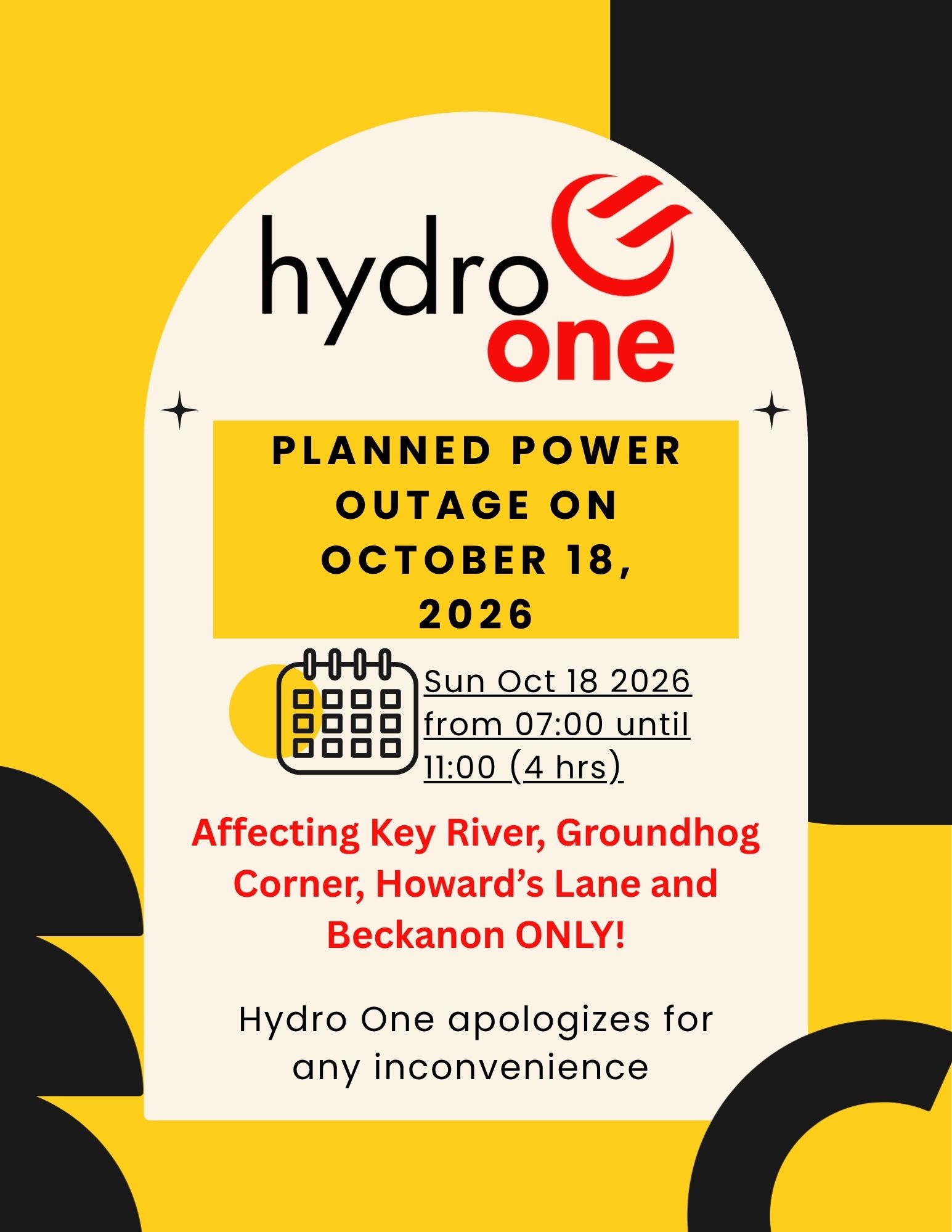 Hydro One Planned Power Outage October 18, 2026oct 18 outage