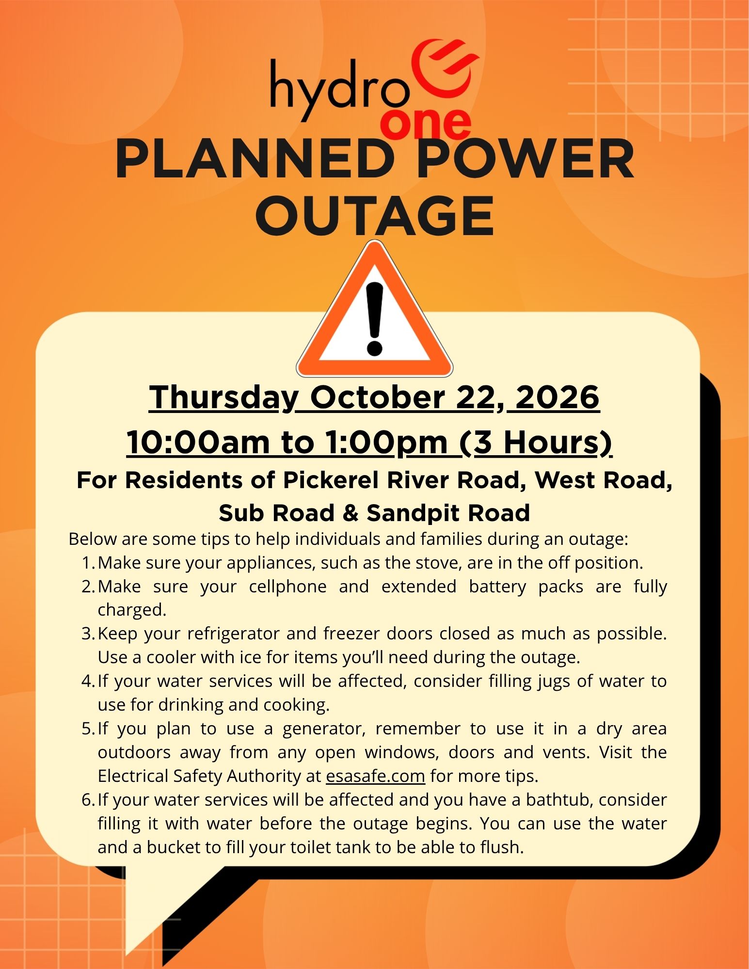 Click the Image to open the Hydro One Oct 22 Power Outage JPG