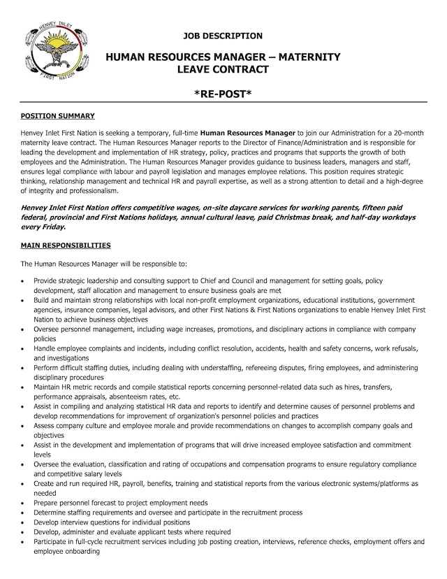 Click Here to Open The Henvey Inlet First Nation Human Resources Manager HRM0526 PDF Job Posting