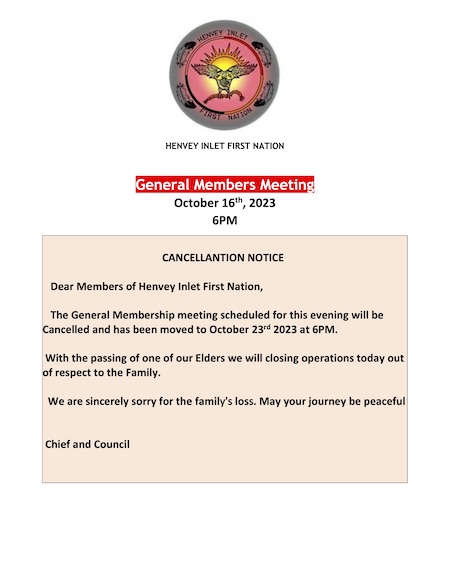 General Membership Meeting October 16th 2023 Cancellation Notice 