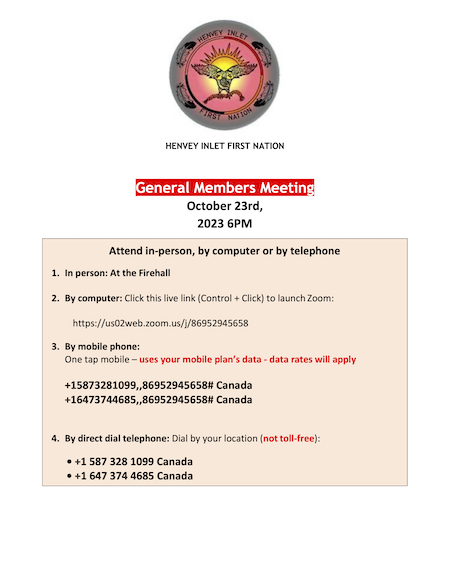 Click this image to open the Henvey Inlet First Nation General Members Meeting October 23rd 2023 6 PM meeting notice