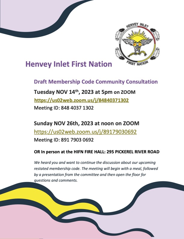 Henvey Inlet First Nation Membership Code Consultation Meetings November 14 & 26 2023